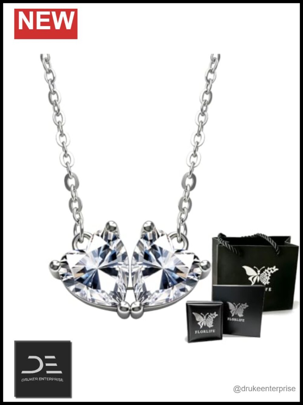 2CT Double Heart Moissanite Pendant Necklace 18K White Gold Plated Sterling